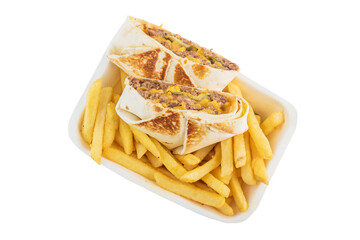 Quesadillas with french fries on a white background. Isolated.