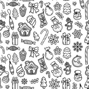 Set of creative black and white vector illustrations with various thematic Christmas icons forming abstract pattern