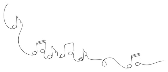 One continuous line drawing of musical notes. Horisontal web banner and minimalist logo of sound and music school in simple linear style. Editable stroke. Doodle vector illustration © Olga Rai