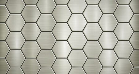 Abstract metallic background in yellow colors with highlights, consisting of voluminous convex hexagonal plates