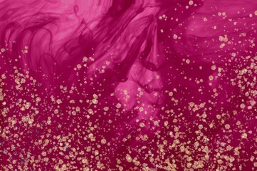 Gold dust on deep pink and red Alcohol ink fluid abstract texture fluid art with gold glitter and liquid