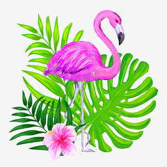 Abstract drawing for t-shirts with pink flamingo and tropical leafs. Creative design for girl. Fashion illustration in summer style on white background. © artlavi_design