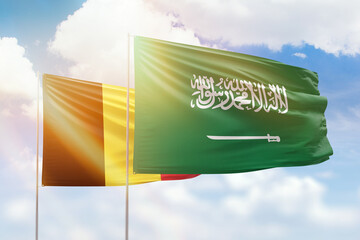 Sunny blue sky and flags of saudi arabia and belgium