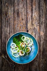 Marinated herring fillets with pickled cucumber, dill and  onion on wooden table
