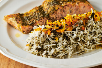 Salmon with Saffron Herb Rice (Sabzi Polo Mahi)