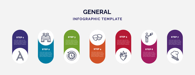 infographic template with icons and 7 options or steps. infographic for general concept. included stepladder, pair of binoculars, rewind time, nuts, heart in flames, leader with loudspeaker, chef