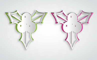 Paper cut Branch viburnum or guelder rose icon isolated on grey background. Merry Christmas and Happy New Year. Paper art style. Vector