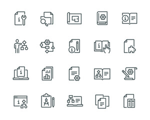 Set of simple icons related to Technical Documentation. Such as instructions, documents, selection process, design, search and use of information. Editable vector stroke. 