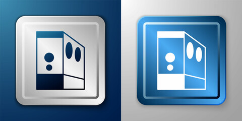 White Case of computer icon isolated on blue and grey background. Computer server. Workstation. Silver and blue square button. Vector
