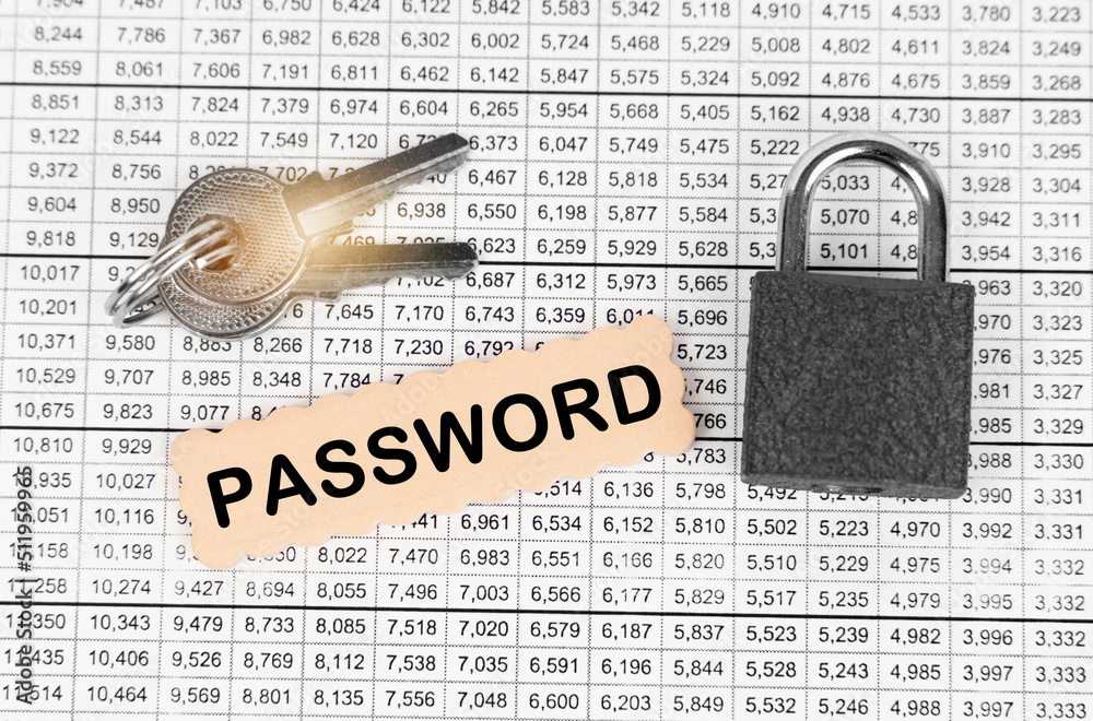 Poster against the background of a table with reports, a lock, keys and a sign with the inscription - passw