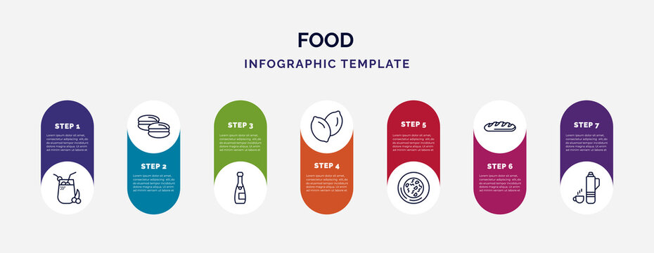 infographic template with icons and 7 options or steps. infographic for food concept. included fresh smoothie, arons, champagne bottle, slot, snow fungus soup, french bread, thermo flask icons.