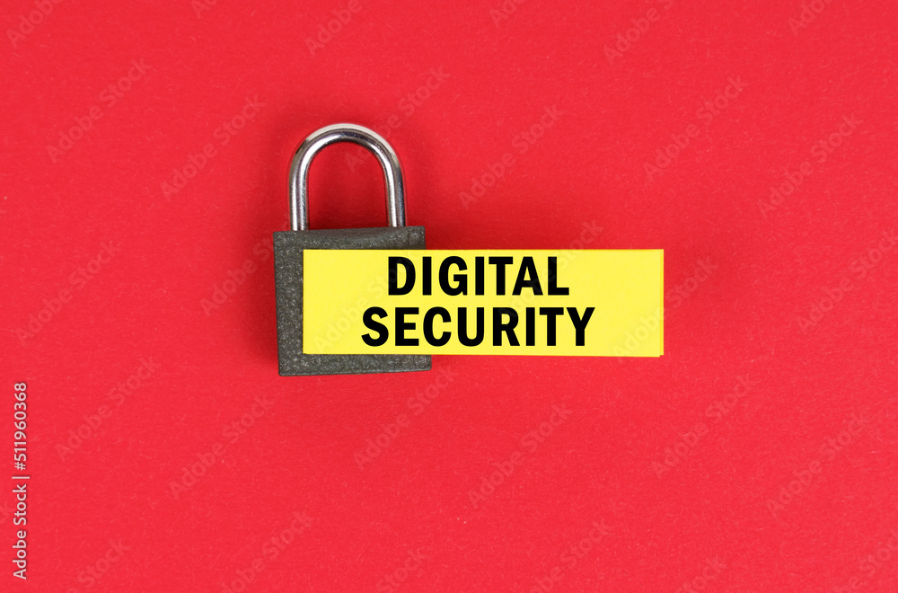 Poster on the red surface there is a lock with a sticker with the inscription - digital security
