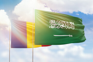 Sunny blue sky and flags of saudi arabia and romania