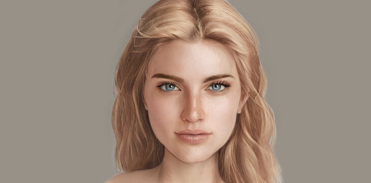 Portrait of a beautiful young blonde girl. Close-up, female face, beauty, sketch. 3D illustration.