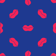 Red Smiling lips icon isolated seamless pattern on blue background. Smile symbol. Vector