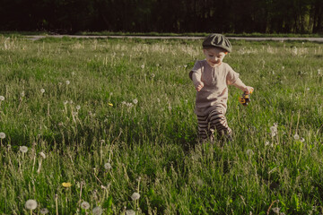 Naklejka na ściany i meble Active happy toddler boy running around summer field in countryside.