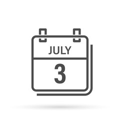 Calendar icon with shadow. July 3, Day, month. Flat vector illustration.