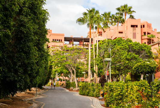 ABAMA, TENERIFE - 01 JUNE, 2022: pink buildings of the Ritz Carlton  Tenerife