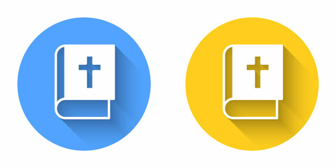 White Holy bible book icon isolated with long shadow background. Circle button. Vector