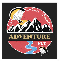 Retro logo with mountains and paragliders. Shabby style. Vector stock illustration. Lake. Extreme sport. Hiking