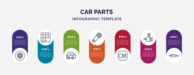 infographic template with icons and 7 options or steps. infographic for car parts concept. included car tyre, car gearbox, taiate, camshaft, fog lamp, distributor, silencer icons. - obrazy, fototapety, plakaty