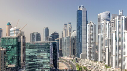 Bay Avenue with modern towers residential development in Business Bay aerial timelapse, Dubai