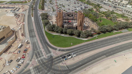 Aerial top view of parking lot cars of the business center timelapse