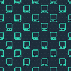 Fototapeta premium Green line Electronic coffee scales icon isolated seamless pattern on blue background. Weight measure equipment. Vector