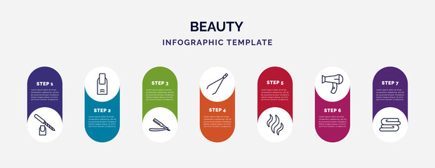 infographic template with icons and 7 options or steps. infographic for beauty concept. included pedicure, finger with nail, straight razor, tweezers, aroma, , folded towel icons. - obrazy, fototapety, plakaty