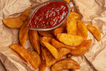 Crispy fried potato wedges with tomato sauce.