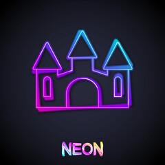 Glowing neon line Castle icon isolated on black background. Medieval fortress with a tower. Protection from enemies. Reliability and defense of the city. Vector