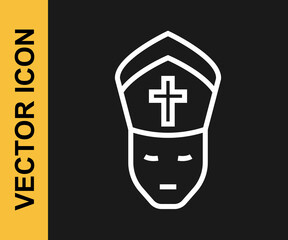 White line Pope icon isolated on black background. Pope hat. Holy father. Vector