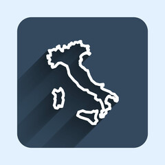 White line Map of Italy icon isolated with long shadow background. Blue square button. Vector