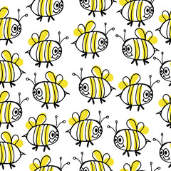 Seamless scandinavian pattern with cute doodle outline hand drawn bee.