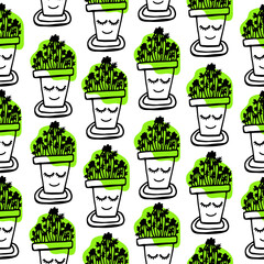 Seamless scandinavian pattern with cute doodle outline hand drawn cactus in the pot.