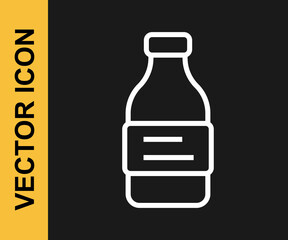 White line Bottle of water icon isolated on black background. Soda aqua drink sign. Vector