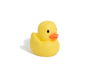 Yellow rubber duck isolated on white background. Classic rubber bath toy