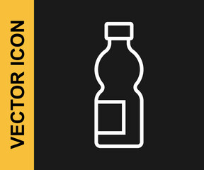 White line Bottle of water icon isolated on black background. Soda aqua drink sign. Vector