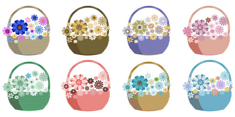 Baskets set with flowers icons.  Different soft colors, vector illustration.