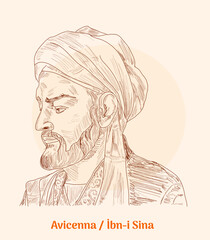 Avicenna / ibni sina (980-1037) portrait in cartoon art illustration.	