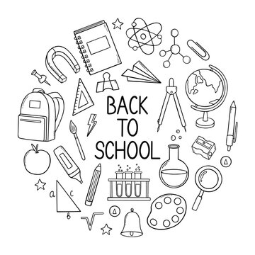 Hand Drawn Set Of Back To School Doodle. School And Education Supplies In Sketch Style. Vector Illustration Isolated On White Background.