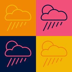 Pop art line Cloud with rain and sun icon isolated on color background. Rain cloud precipitation with rain drops. Vector