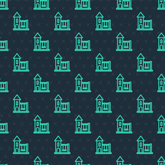 Green line Swing for kids summer games on playground icon isolated seamless pattern on blue background. Outdoor entertainment equipment. Vector