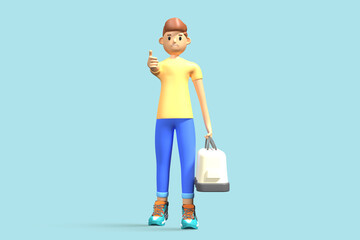 3d illustration young backpacker man character going on a trip with a white bag. 3d rendering