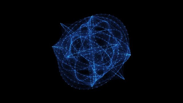 Flowing orbital polygonal sphere shape HUD, FUI element. Plexus style connecting lines and dots. Seamless loop