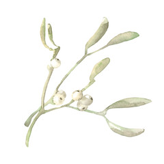 Watercolor Woodland Christmas mistletoe illustration,  Cute Single Drawing isolated, Christmas Character decoration for greeting card, poster, invitation, baby shower Merry Christmas, New Year,holiday