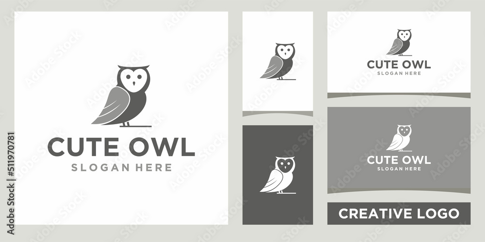 Wall mural cute owl logo design template with business card design