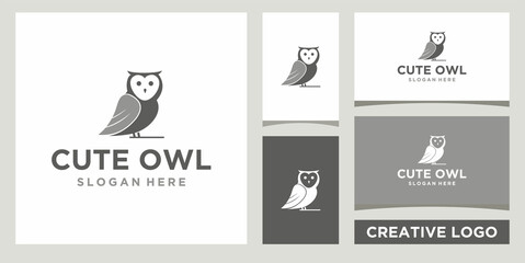 cute owl logo design template with business card design