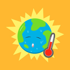 Extreme weather and rising temperatures. The climate change crisis impacts the earth. Hot air summer heatwave. Cartoon illustration of global warming like the sun. Burning planet.