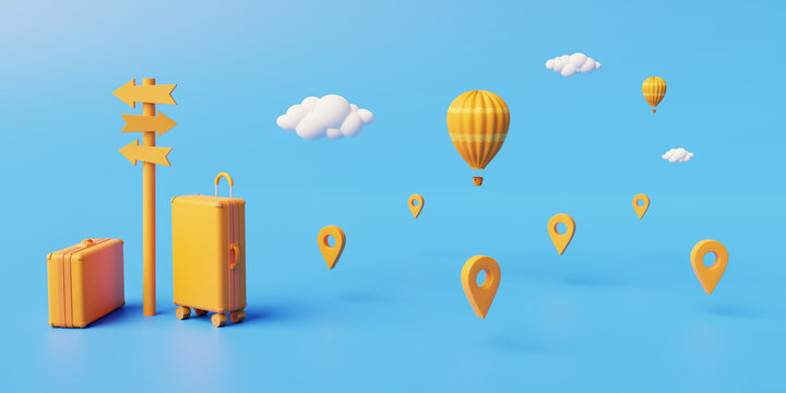 Yellow monochrome image with blue background of tourist route with luggage and hot air balloons
